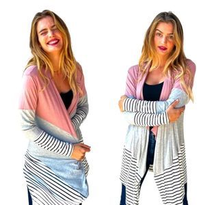 Last! Mauve Color Block Stripe Cardigan